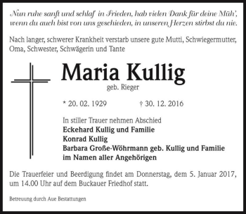 Traueranzeige von Maria Kullig (geb. Rieger)  von Magdeburger Volksstimme