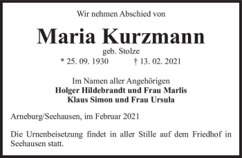 Traueranzeige von Maria Kurzmann (geb. Stolze)  von Magdeburger Volksstimme