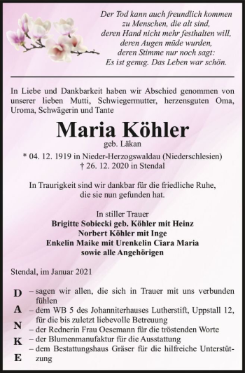 Traueranzeige von Maria Köhler (geb. Läkan)  von Magdeburger Volksstimme