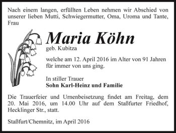 Traueranzeige von Maria Köhn (geb. Kubitza)  von Magdeburger Volksstimme