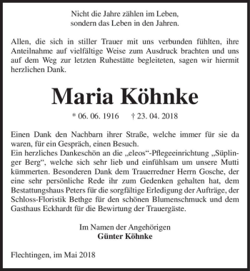 Traueranzeige von Maria Köhnke  von Magdeburger Volksstimme