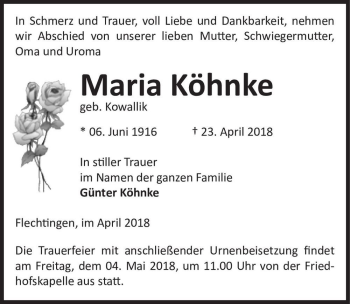 Traueranzeige von Maria Köhnke (geb. Kowallik)  von Magdeburger Volksstimme