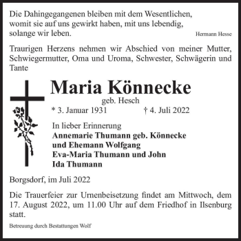 Traueranzeige von Maria Könnecke (geb. Hesch)  von Magdeburger Volksstimme