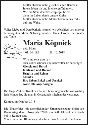 Traueranzeige von Maria Köpnick (geb. Blum)  von Magdeburger Volksstimme