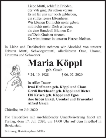 Traueranzeige von Maria Köppl (geb. Gasch)  von Magdeburger Volksstimme