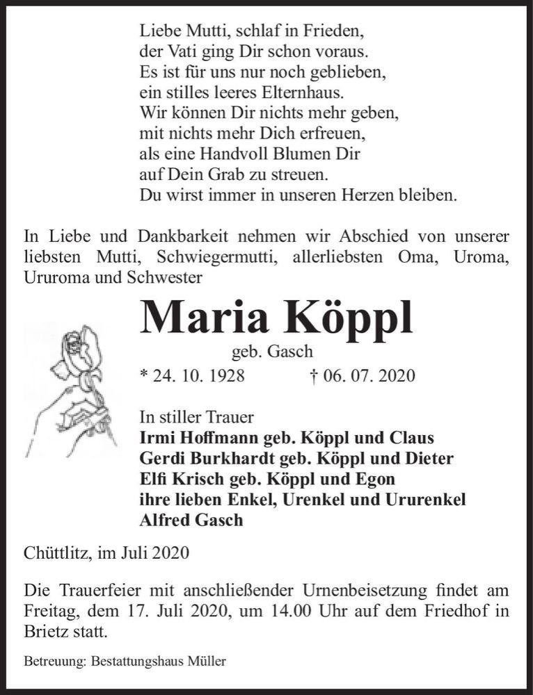  Traueranzeige für Maria Köppl (geb. Gasch)  vom 08.07.2020 aus Magdeburger Volksstimme