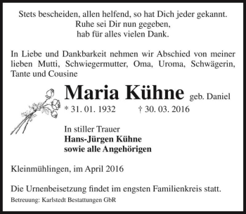 Traueranzeige von Maria Kühne (geb. Daniel)  von Magdeburger Volksstimme