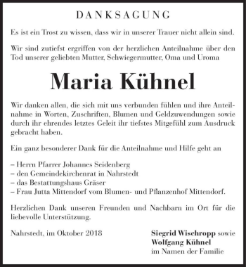 Traueranzeige von Maria Kühnel  von Magdeburger Volksstimme