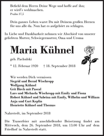 Traueranzeige von Maria Kühnel (geb. Pachulski)  von Magdeburger Volksstimme