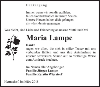 Traueranzeige von Maria Lampe  von Magdeburger Volksstimme