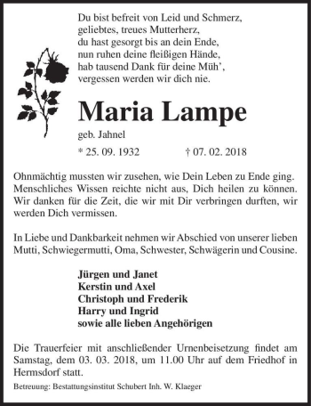 Traueranzeige von Maria Lampe (geb. Jahnel)  von Magdeburger Volksstimme