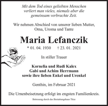Traueranzeige von Maria Lefanczik  von Magdeburger Volksstimme