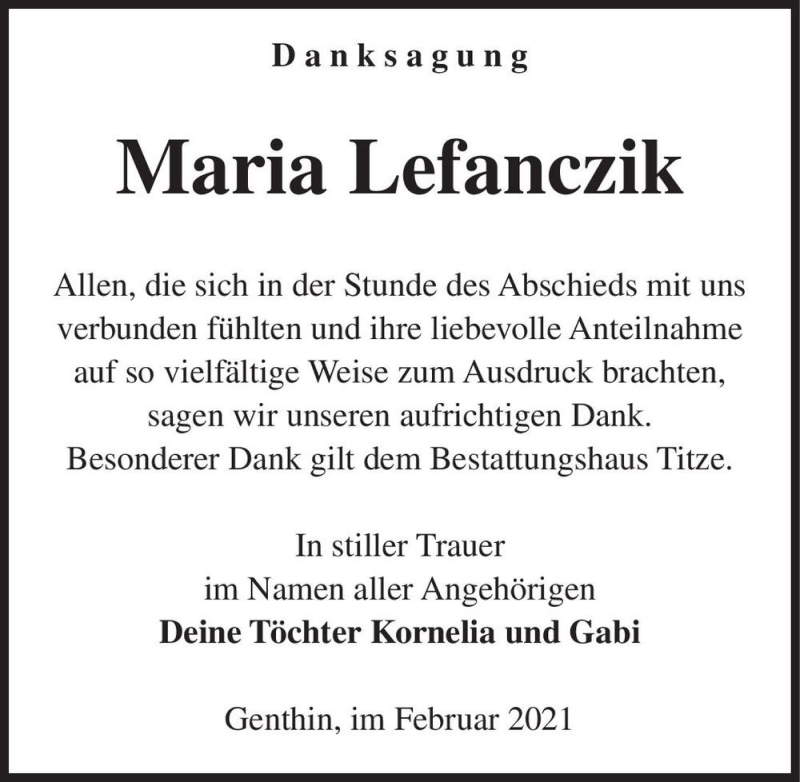  Traueranzeige für Maria Lefanczik  vom 20.02.2021 aus Magdeburger Volksstimme