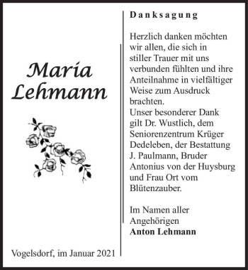 Traueranzeige von Maria Lehmann  von Magdeburger Volksstimme