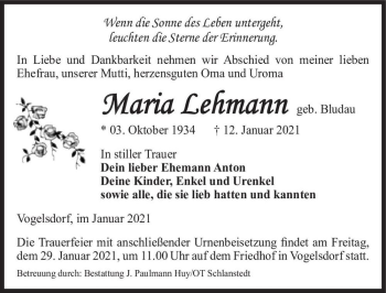 Traueranzeige von Maria Lehmann (geb. Bludau)  von Magdeburger Volksstimme