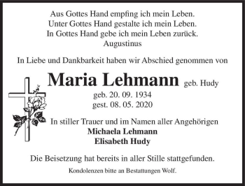 Traueranzeige von Maria Lehmann (geb. Hudy)  von Magdeburger Volksstimme