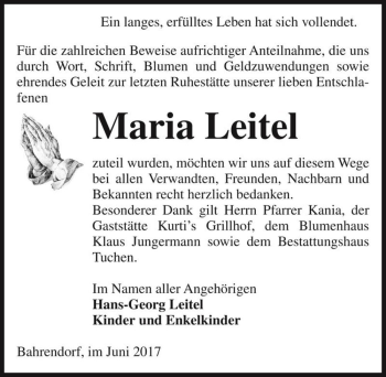 Traueranzeige von Maria Leitel  von Magdeburger Volksstimme