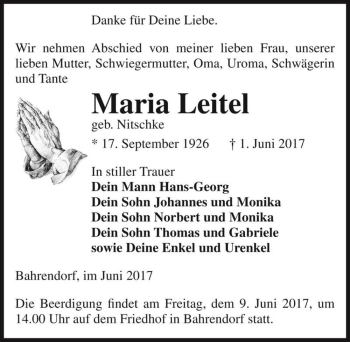 Traueranzeige von Maria Leitel (geb. Nitschke)  von Magdeburger Volksstimme