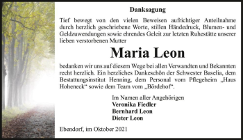 Traueranzeige von Maria Leon  von Magdeburger Volksstimme