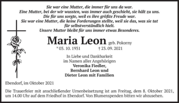 Traueranzeige von Maria Leon (geb. Pokorny)  von Magdeburger Volksstimme