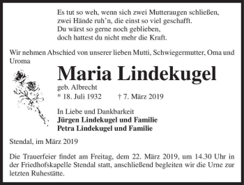 Traueranzeige von Maria Lindekugel (geb. Albrecht)  von Magdeburger Volksstimme