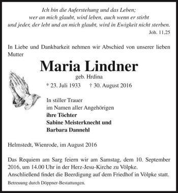 Traueranzeige von Maria Lindner (geb. Hrdina)  von Magdeburger Volksstimme