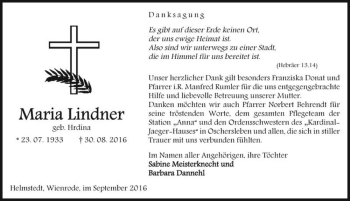 Traueranzeige von Maria Lindner (geb. Hrdina)  von Magdeburger Volksstimme