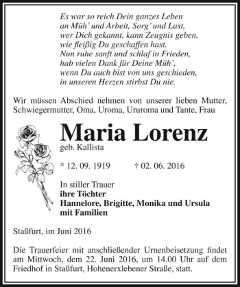 Traueranzeige von Maria Lorenz (geb. Kallista)  von Magdeburger Volksstimme