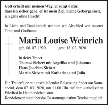 Traueranzeige von Maria Louise Weinrich  von Magdeburger Volksstimme
