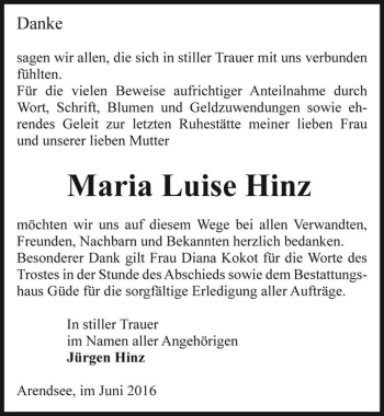 Traueranzeige von Maria Luise Hinz  von Magdeburger Volksstimme