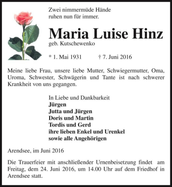 Traueranzeige von Maria Luise Hinz (geb. Kutschewenko)  von Magdeburger Volksstimme