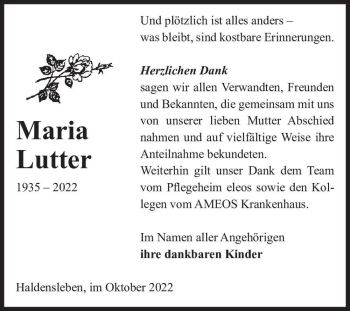 Traueranzeige von Maria Lutter  von Magdeburger Volksstimme
