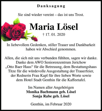 Traueranzeige von Maria Lösel  von Magdeburger Volksstimme