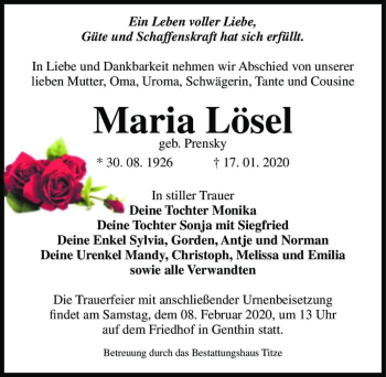 Traueranzeige von Maria Lösel (geb. Prensky)  von Magdeburger Volksstimme