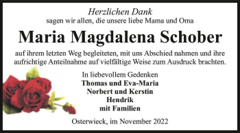 Traueranzeige von Maria Magdalena Schober  von Magdeburger Volksstimme