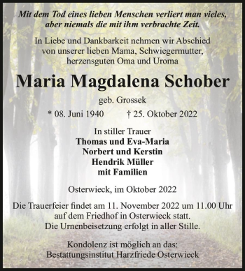Traueranzeige von Maria Magdalena Schober (geb. Grossek)  von Magdeburger Volksstimme