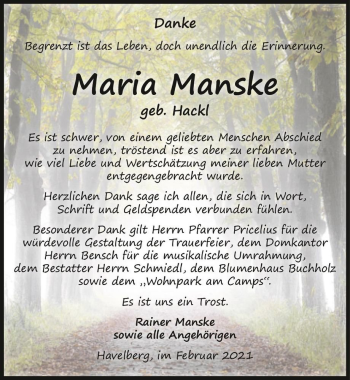 Traueranzeige von Maria Manske (geb. Hackl)  von Magdeburger Volksstimme
