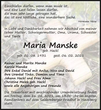 Traueranzeige von Maria Manske (geb. Hackl)  von Magdeburger Volksstimme