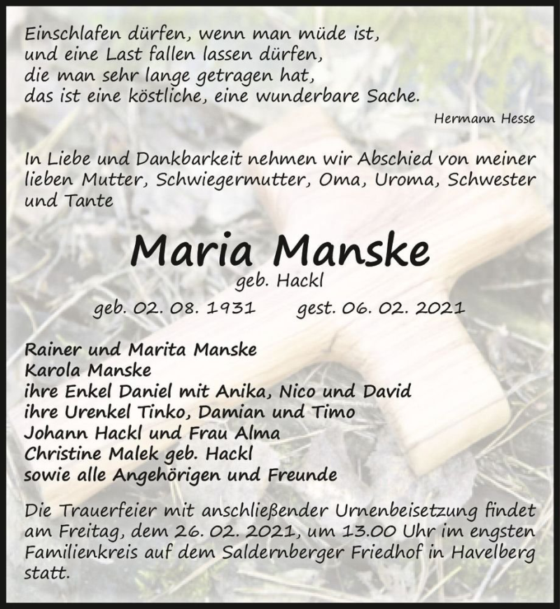  Traueranzeige für Maria Manske (geb. Hackl)  vom 20.02.2021 aus Magdeburger Volksstimme