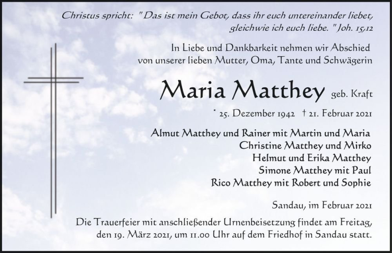  Traueranzeige für Maria Matthey (geb. Kraft)  vom 27.02.2021 aus Magdeburger Volksstimme