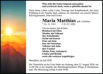 Traueranzeige von Maria Matthias (geb. Löschner)  von Magdeburger Volksstimme