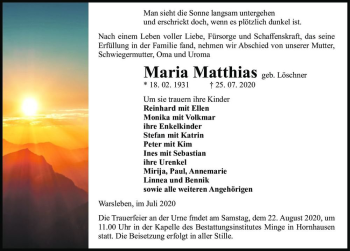 Traueranzeige von Maria Matthias (geb. Löschner)  von Magdeburger Volksstimme