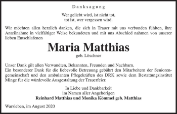 Traueranzeige von Maria Matthias (geb. Löschner)  von Magdeburger Volksstimme