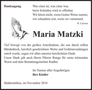 Traueranzeige von Maria Matzki  von Magdeburger Volksstimme