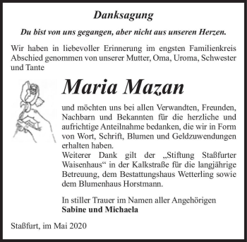 Traueranzeige von Maria Mazan  von Magdeburger Volksstimme