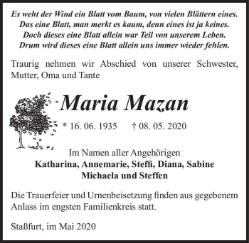 Traueranzeige von Maria Mazan  von Magdeburger Volksstimme