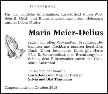 Traueranzeige von Maria Meier-Delius  von Magdeburger Volksstimme