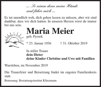 Traueranzeige von Maria Meier (geb. Pyrzek)  von Magdeburger Volksstimme
