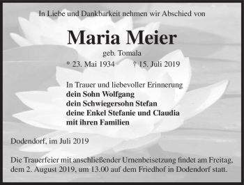 Traueranzeige von Maria Meier (geb. Tomala)  von Magdeburger Volksstimme