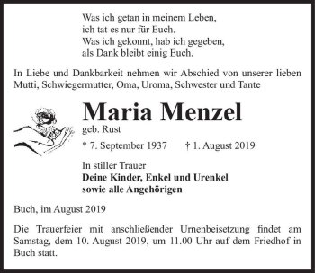 Traueranzeige von Maria Menzel (geb. Rust)  von Magdeburger Volksstimme